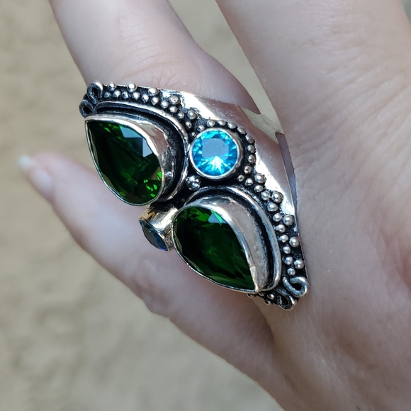New Chrome Diopside and Blue Topaz 925 Silver Statement Ring. - Picture 5 of 16
